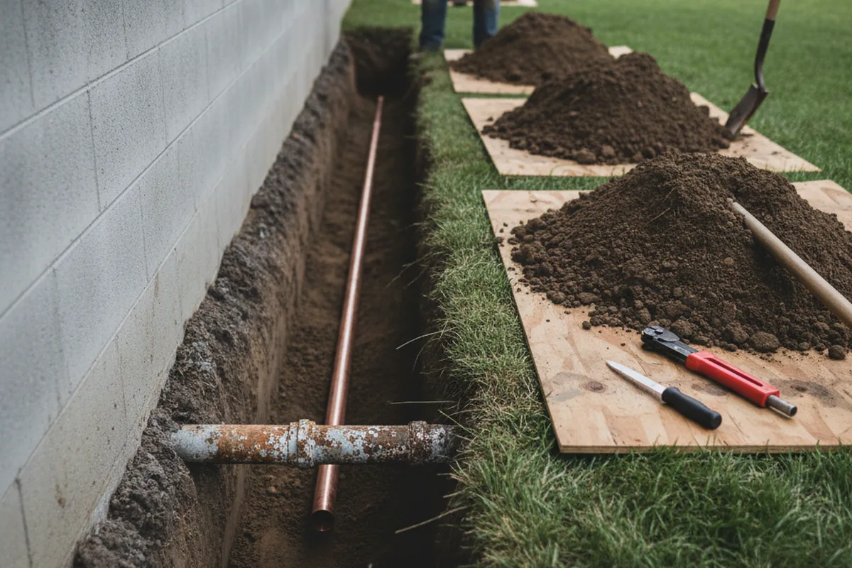 Excavated water line trench during Sewer Line Repair in Winfield